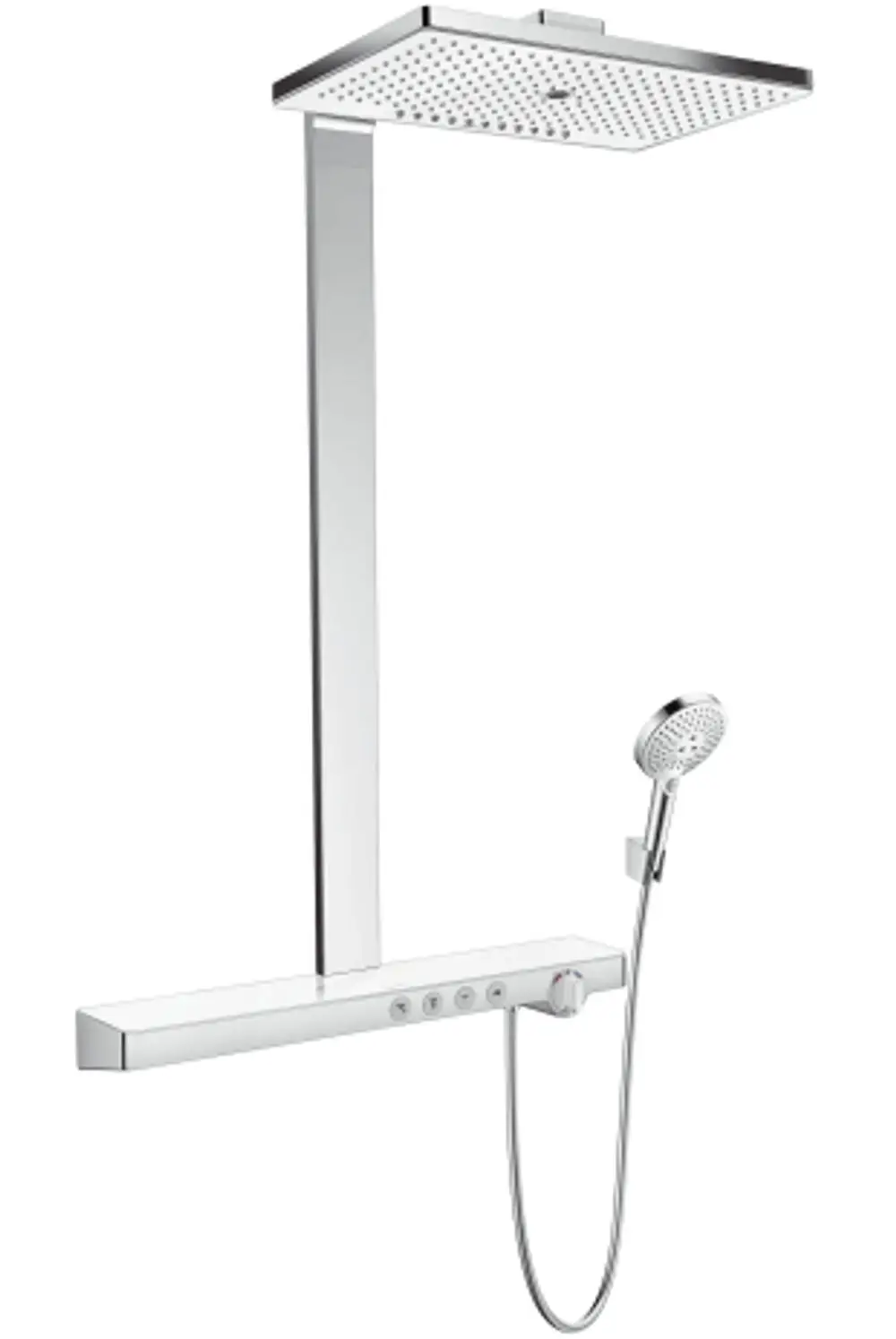 Hansgrohe Duschsystem mit Kopfbrause und Handbrause, verchromte Oberfläche, Thermostatsteuerung, geeignet für Wandmontage.